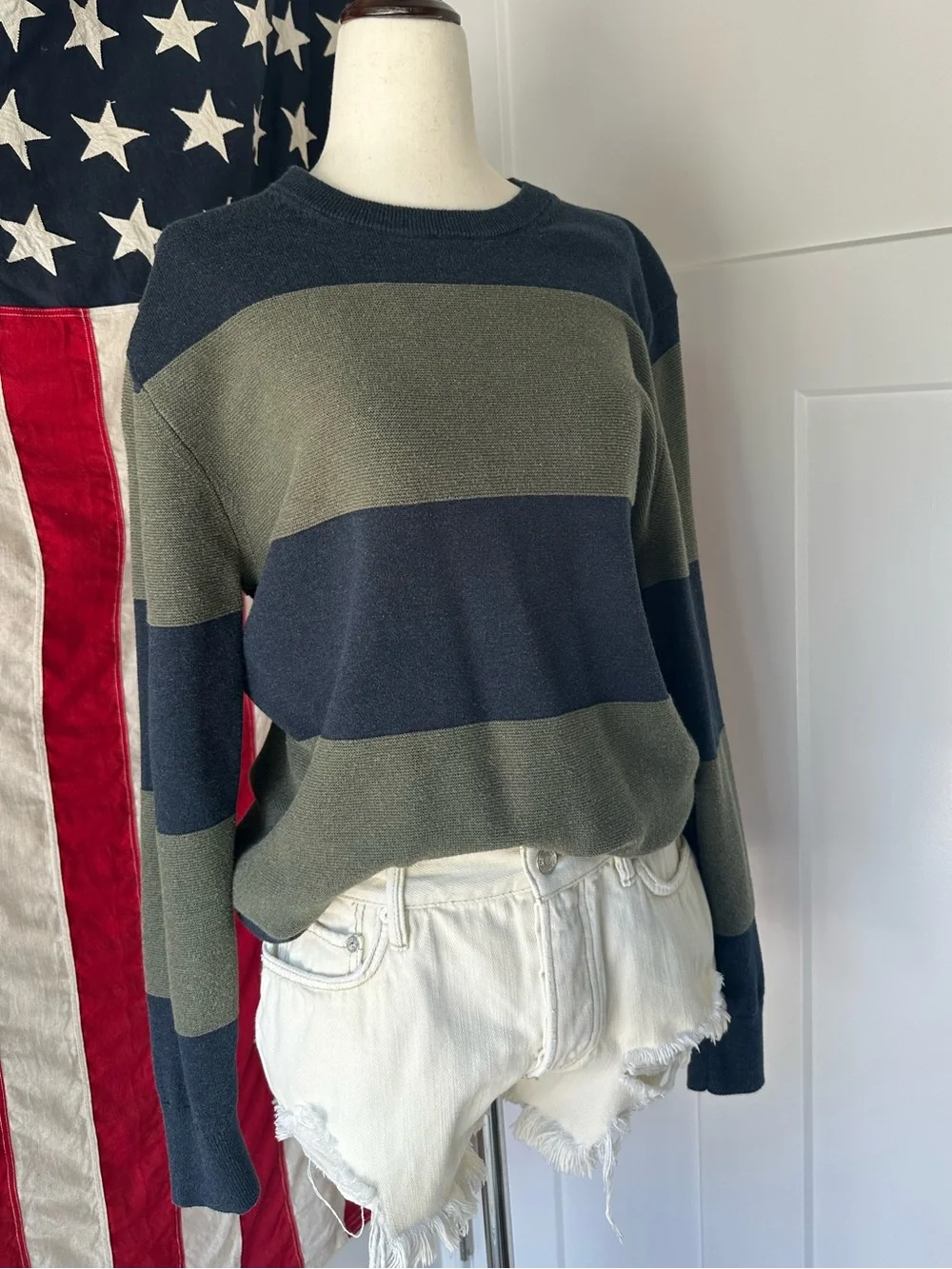J.Crew Factory Navy & Green Wide Striped Crewneck Knit Sweater M unisex